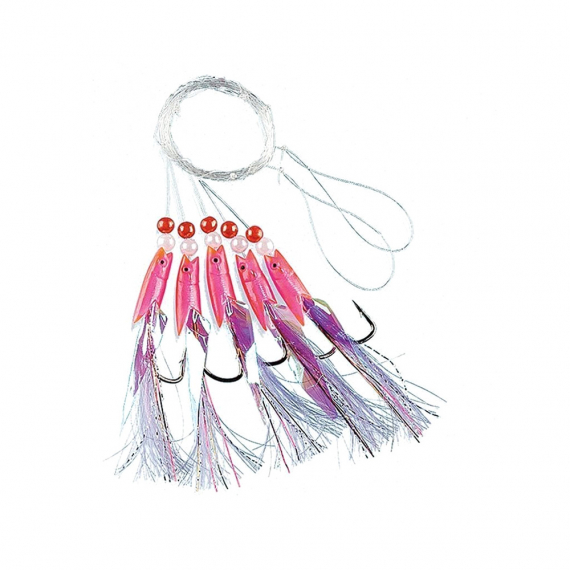Fladen Pink Rubber w. white Feathers 5 Hooks, size 1/0 i gruppen Madding / Havfiskeri madding / Flasher rigs og rigs til havfiskeri hos Sportfiskeprylar.se (1201-1-0)