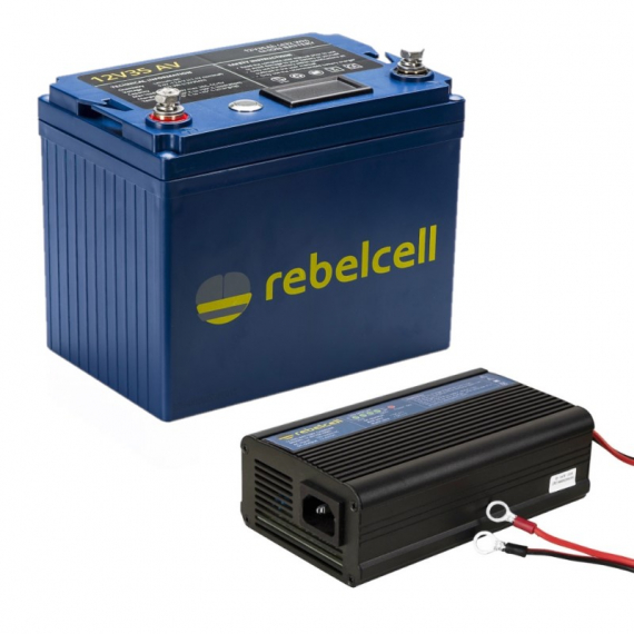 Rebelcell 12V35 AV li-ion batteri (432 Wh) Med Laddare 12.6V10A Li-ion i gruppen Bådelektronik / Batterier og opladere / Batterier / Lithiumbatterier hos Sportfiskeprylar.se (12035AVREUApaket)