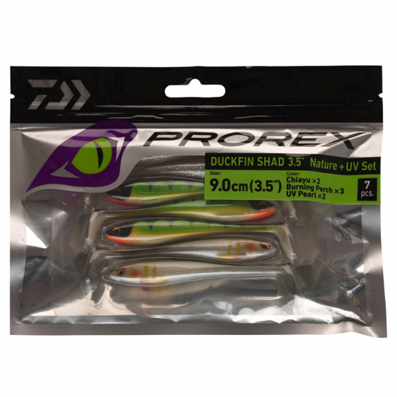 Daiwa PX Duckfin Shad 8,9cm (7-pack) - Nature + UV Set i gruppen Madding / Softbaits / Aborre softbaits og sandard softbaits hos Sportfiskeprylar.se (32-216789)