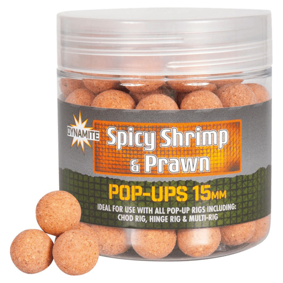 Dynamite Baits Spicy Shrimp & Prawn Pop-Ups 15mm i gruppen Madding / Boilies, krogagn og forfoder / Popups & Wafters hos Sportfiskeprylar.se (ADY040976)